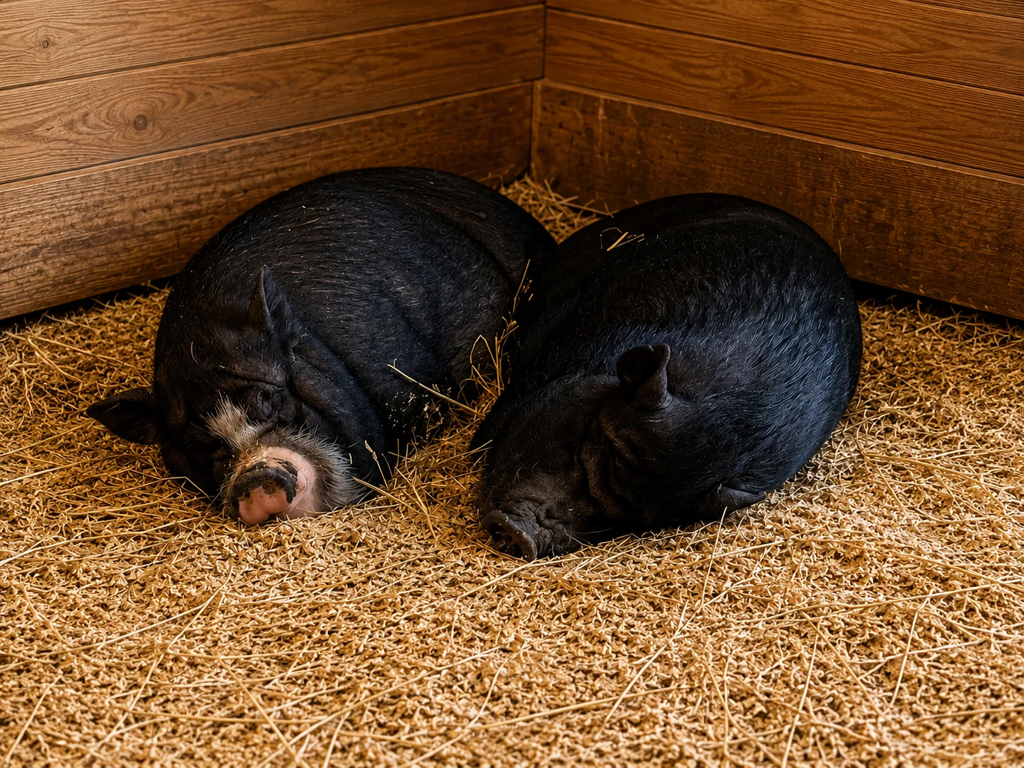 Two black potbellied pigs sleeping side by side on hay in a wood-paneled sanctuary shelter, lit by soft warm light.