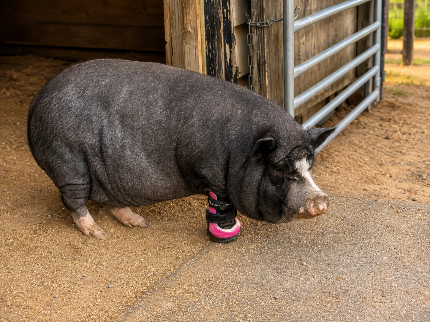 Juniper, a black potbellied pig wearing a black and pink custom prosthetic on her front right leg, standing in the doorway between a wooden shelter and a metal pen.