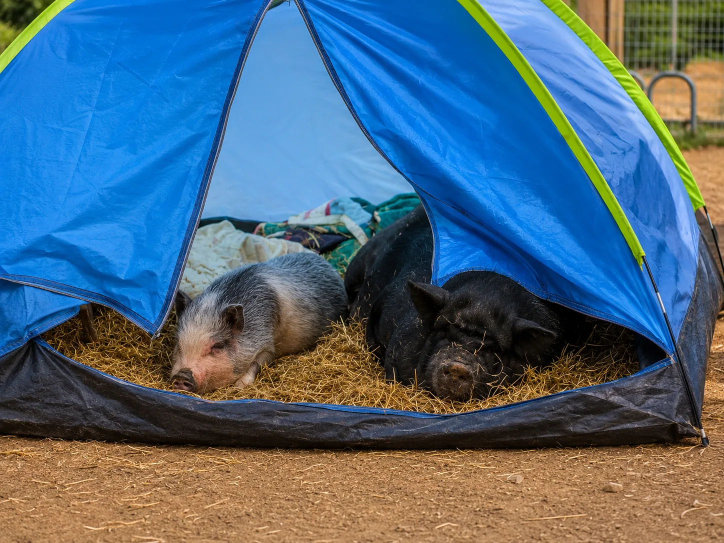 Two potbellied pigs resting together inside a small dome tent set up as a shelter on a sanctuary lot.